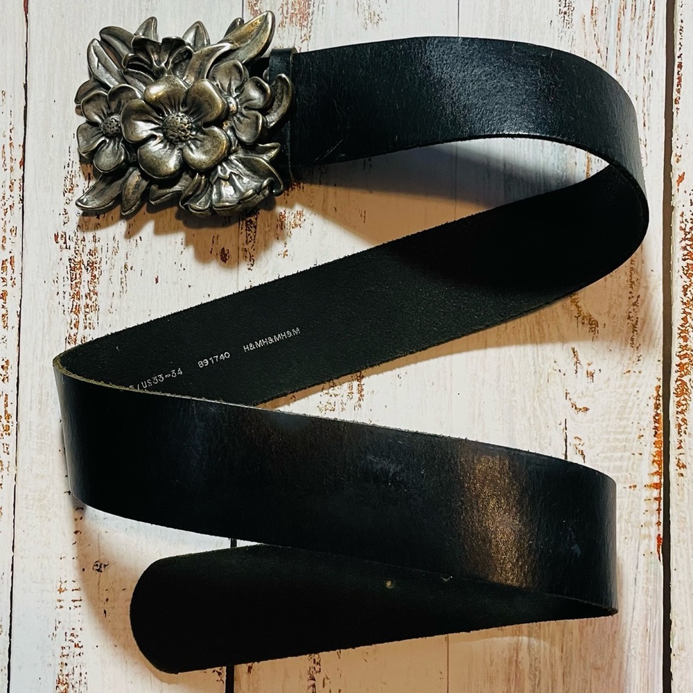 Black Leather Belt with Floral Silver Buckle
